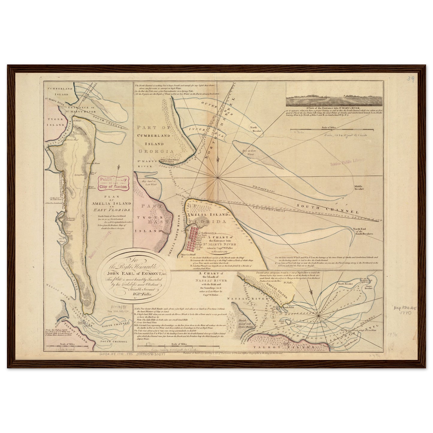 Old map of historic Amelia Island, Florida with nautical chart of the mouth of the Saint Mary's River.