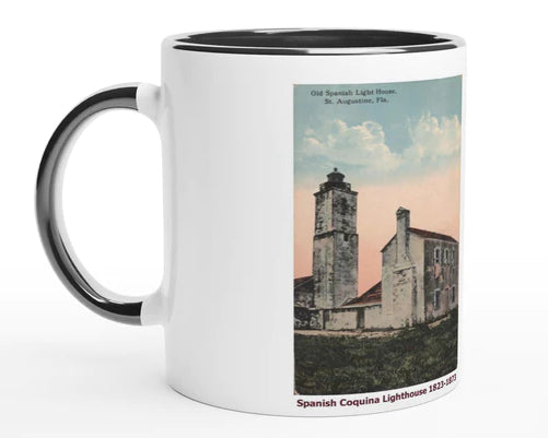 Mug featuring image of the two most recent Saint Augustine lighthouses. This image shows the old coquina lighthouse.