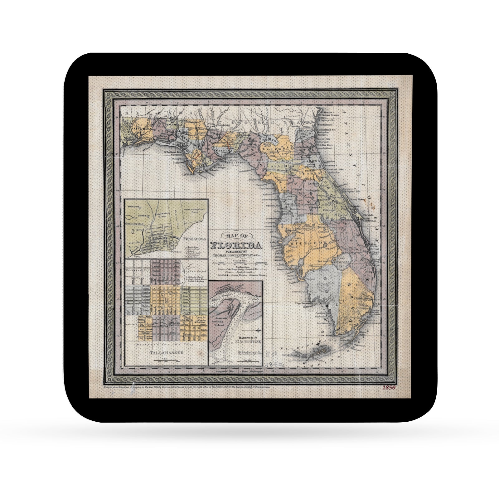 Drink coaster with an image of an old Florida map from 1850