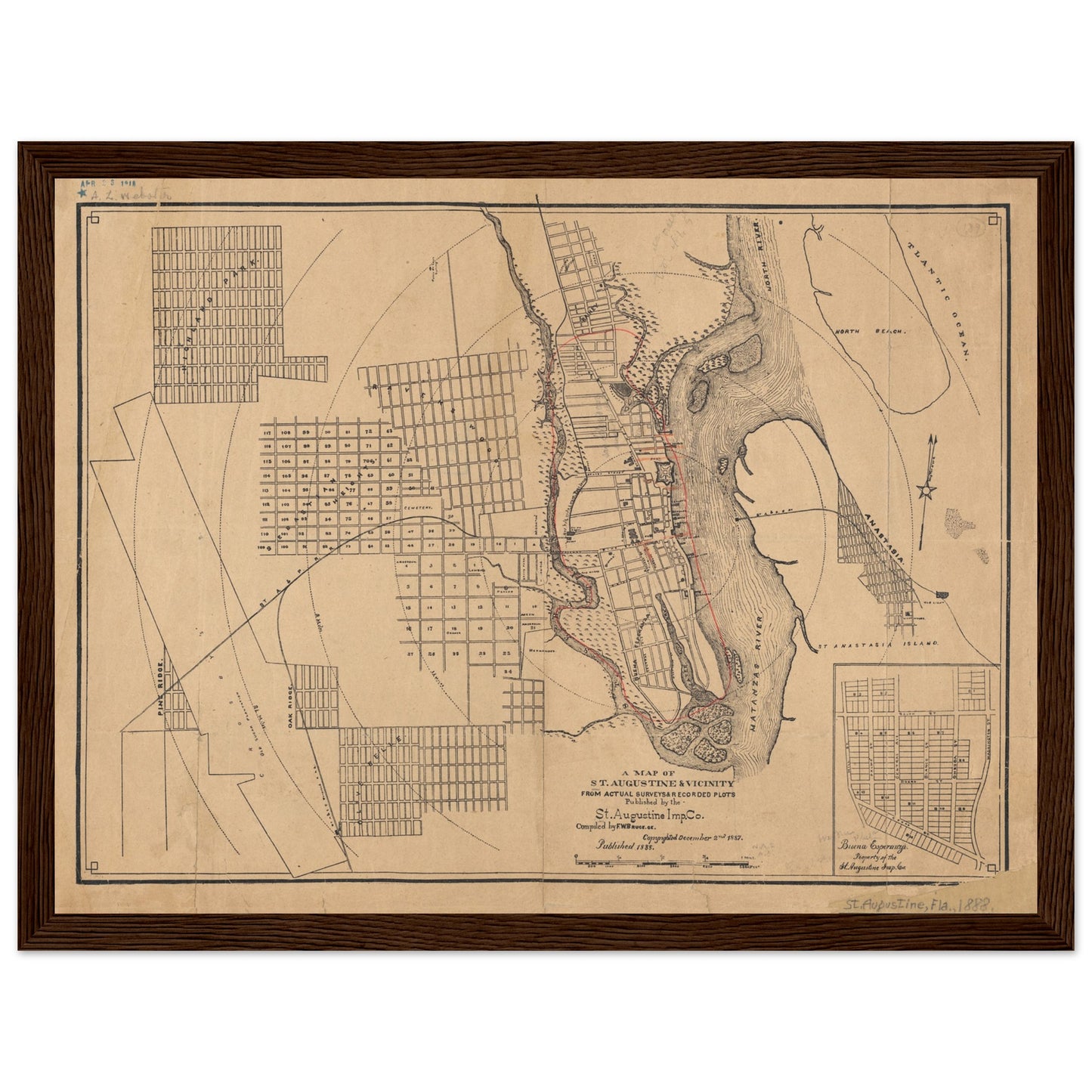 Old map of Saint Augustine with the town and harbor area. From 1887.