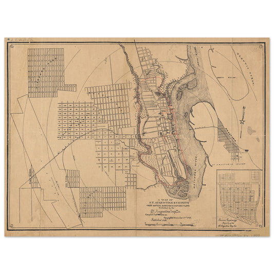 Old map of Saint Augustine with the town and harbor area. From 1887.
