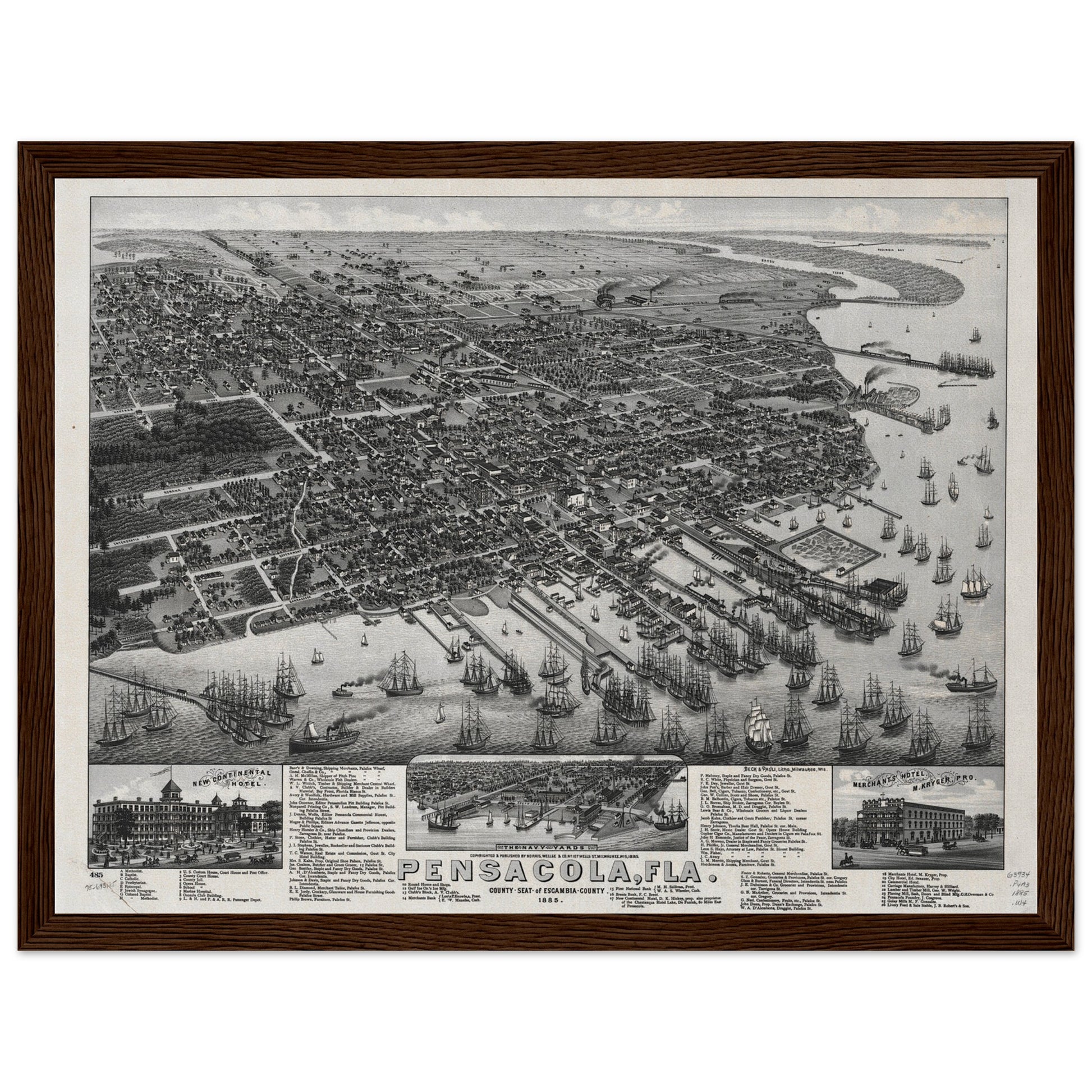 Aerial depiction of the city of Pensacola, Florida from 1885.