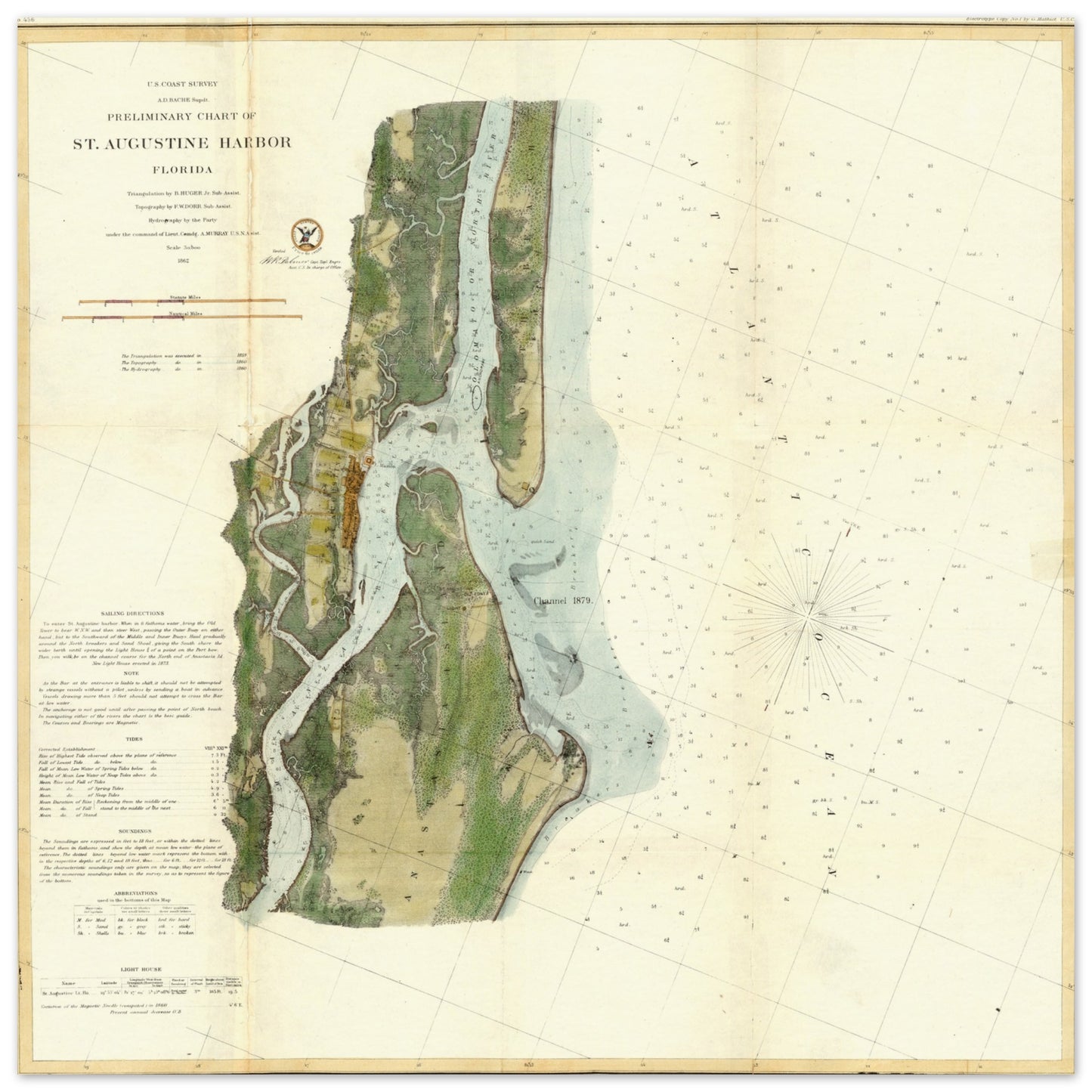 Saint Augustine Harbor nautical chart from 1879, printed on museum-quality matte paper