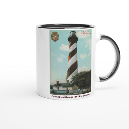 St. Augustine lighthouses mug, with images of the former coquina lighthouse plus the current Saint Augustine lighthouse.
