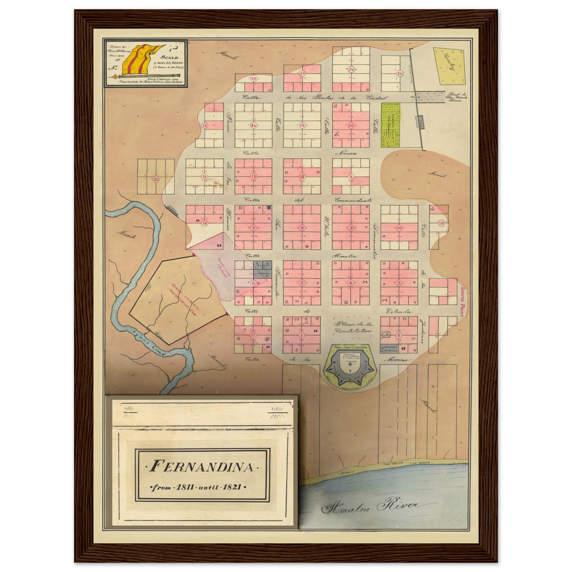 Town map of Fernandina Beach showing how it was in the early 1800s.