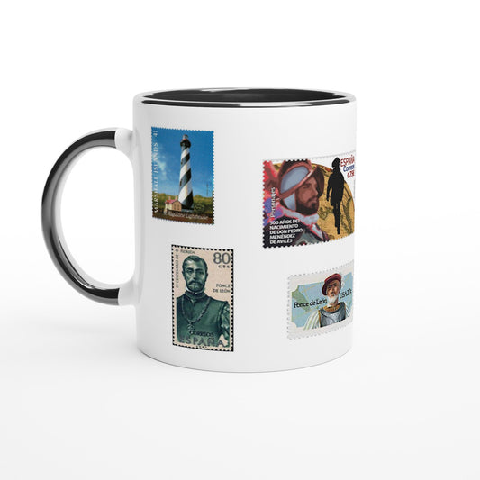 Ceramic mug with images of postage stamps of sites and people related to Saint Augustine, Florida (image 1). A great gift for a stamp collector.
