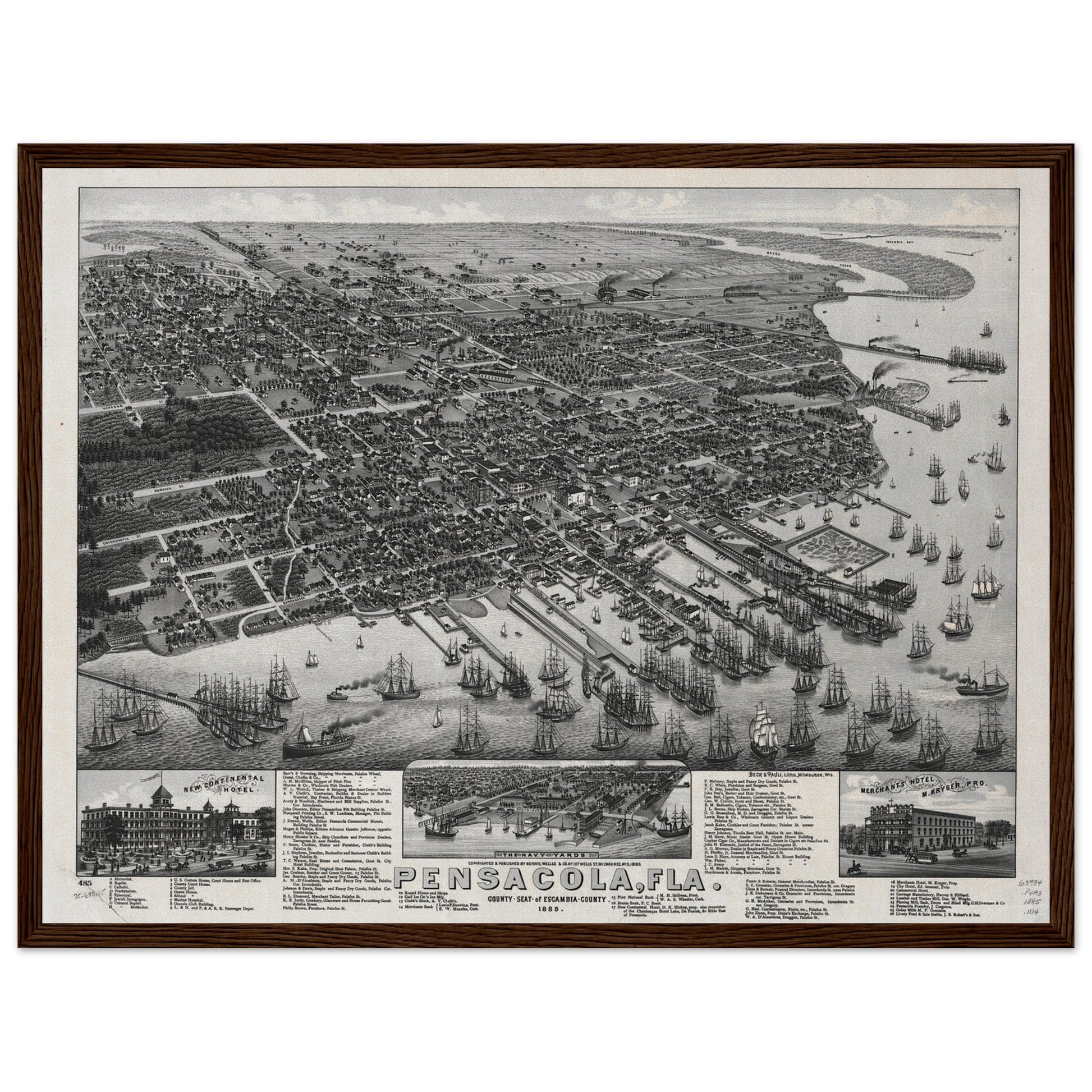 Aerial depiction of the city of Pensacola, Florida from 1885.