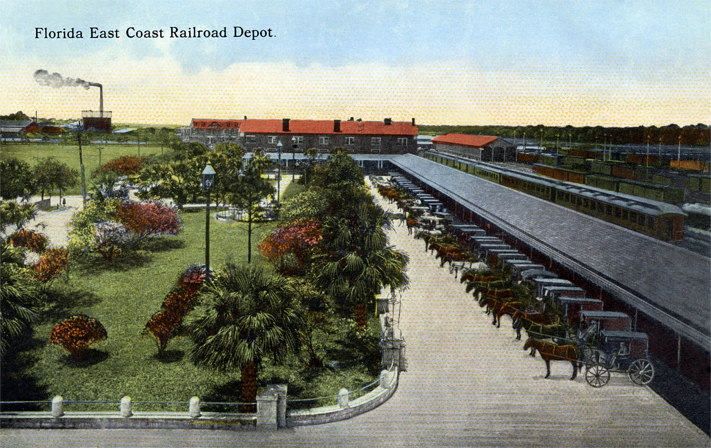A retro St. Augustine postcard showing the old Florida East Coast Railroad station/passenger depot located off Malaga Street.