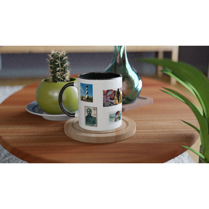 Ceramic mug with images of postage stamps of sites and people related to Saint Augustine, Florida (image 2). Add THIS to your stamp collection!