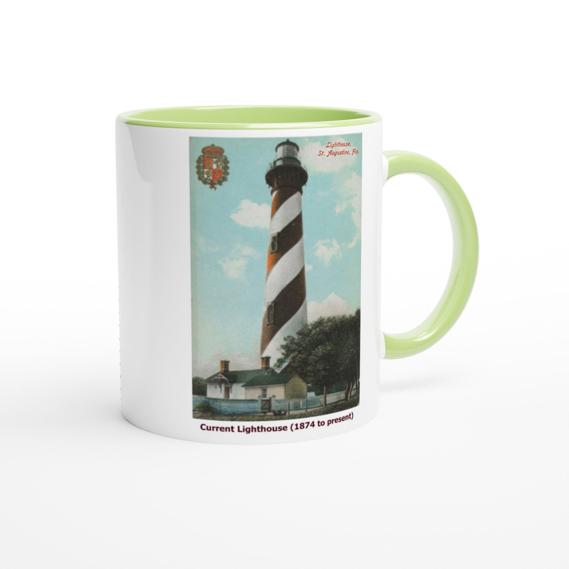 St. Augustine lighthouses mug, with images of the former coquina lighthouse plus the current Saint Augustine lighthouse.