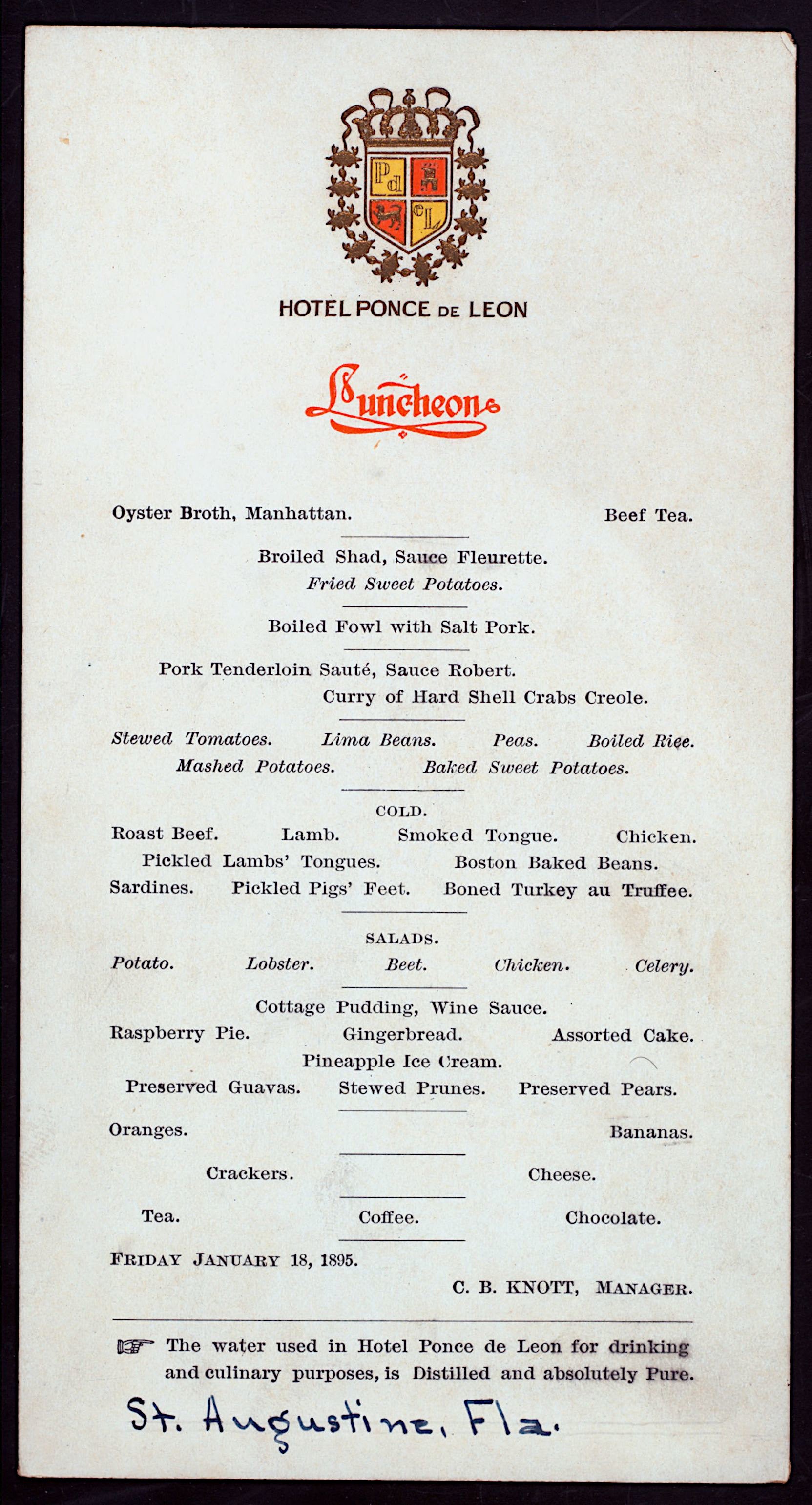 Hotel Ponce de Leon menu (dinner) from 1895 Saint Augustine.