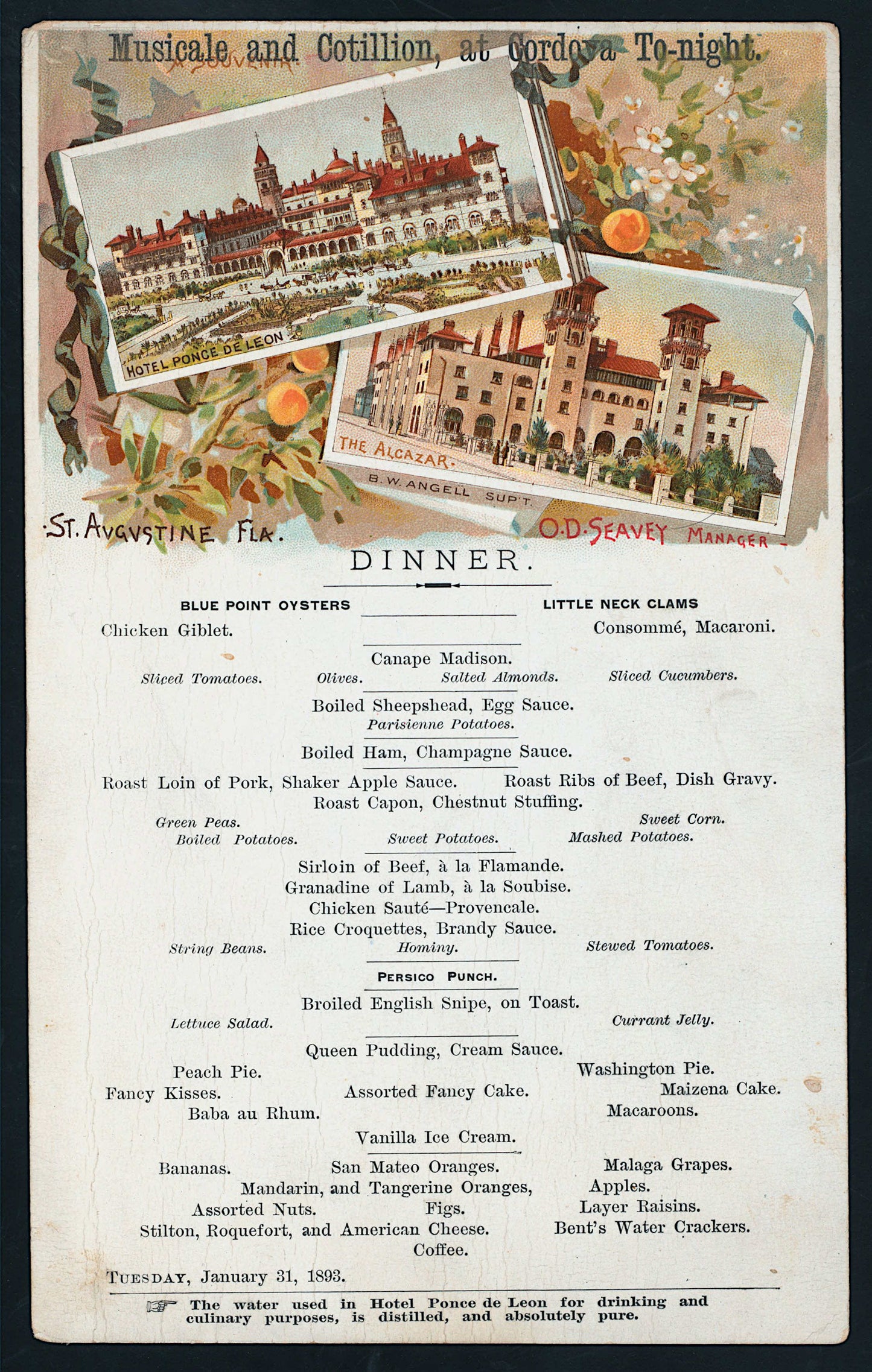 Hotel Ponce de Leon menu (dinner) from 1893 Saint Augustine.