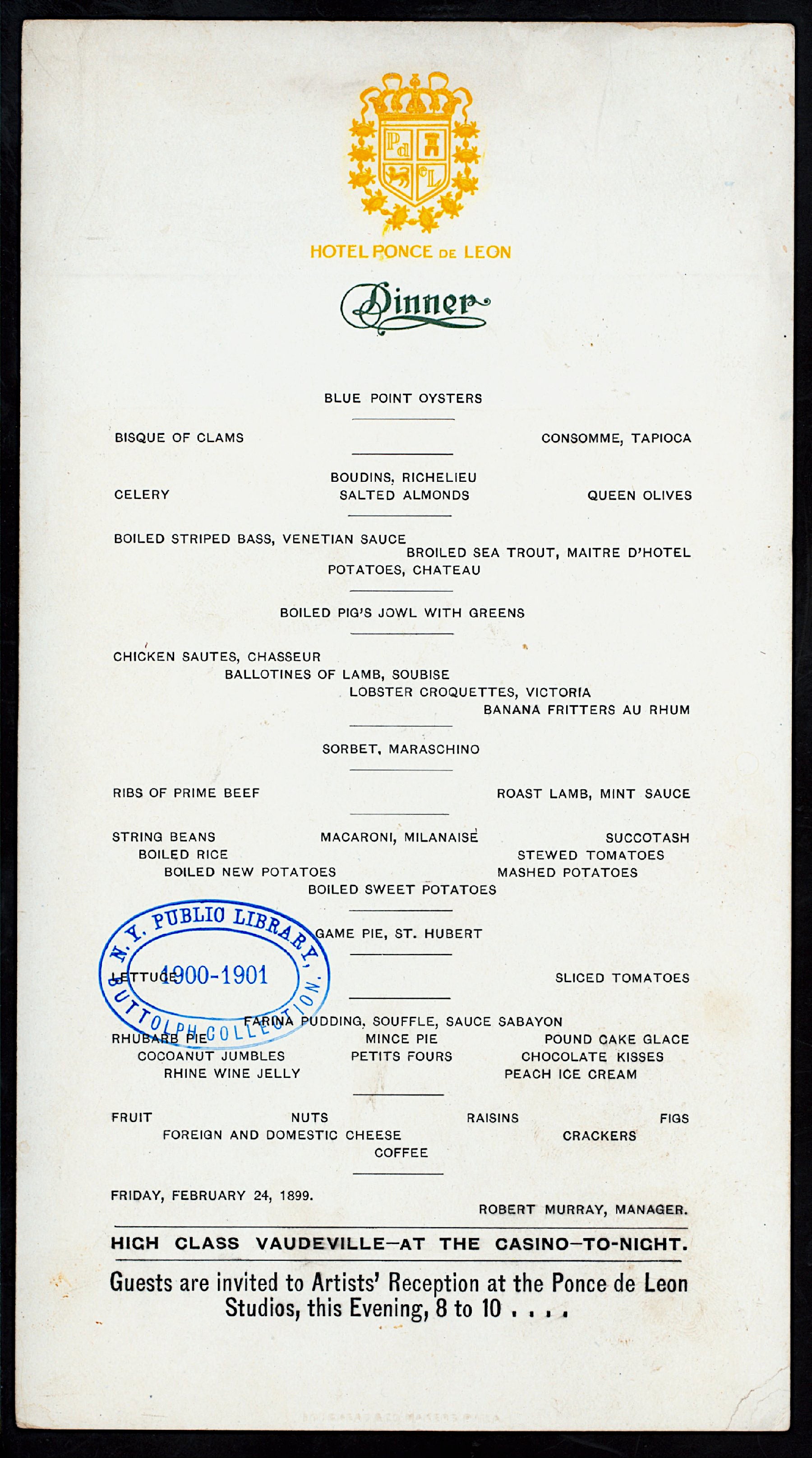 Hotel Ponce de Leon menu (dinner) from 1899 Saint Augustine.