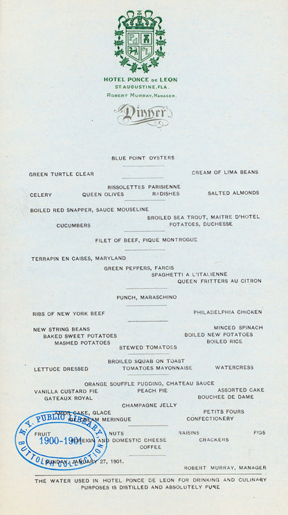 Hotel Ponce de Leon menu (dinner) from 1901 Saint Augustine.
