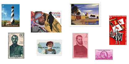Images of postage stamps of sites and people related to Saint Augustine, Florida